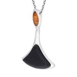 Sterling Silver Whitby Jet and Amber Two Stone Triangle Drop Necklace