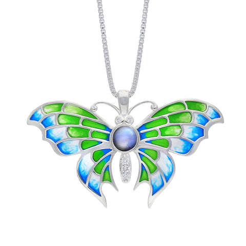 Sterling Silver Blue Green Enamel with Diamond & Blue Moonstone Butterfly Pendant
