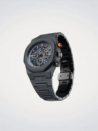 Black watch with detailed face on a light gray background