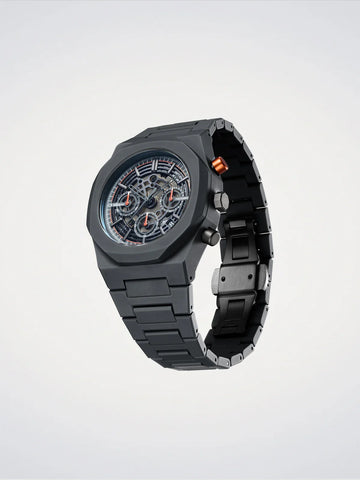 Black watch with detailed face on a light gray background