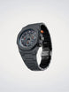 Black watch with detailed face on a light gray background