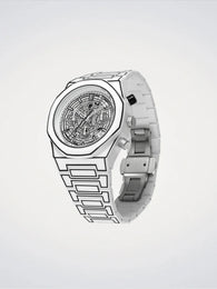 Silver watch with intricate design on a light gray background