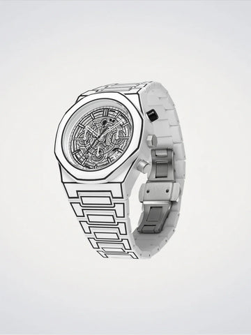 Silver watch with intricate design on a light gray background
