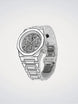 Silver watch with intricate design on a light gray background