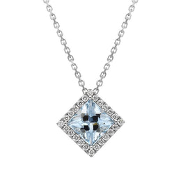 18ct White Gold 1.74ct Aquamarine Diamond Cluster Necklace, PJW-408
