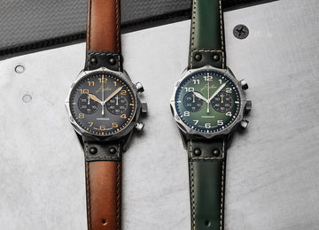 Junghans Pilot Chronoscope Watch with green dial, leather strap, steel case