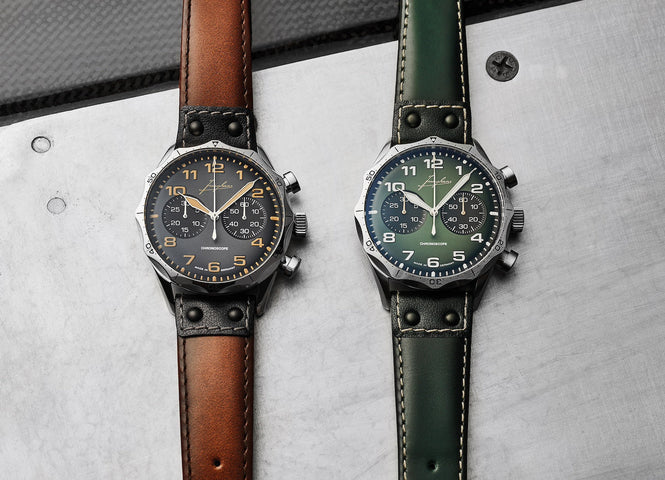 Junghans Pilot Chronoscope Watch with green dial, leather strap, steel case