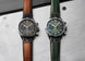 Junghans Pilot Chronoscope Watch with green dial, leather strap, steel case