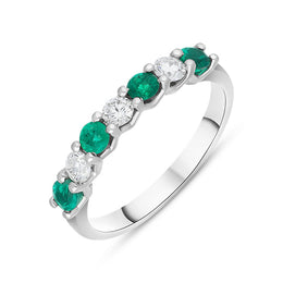 Platinum Emerald Diamond Seven Stone Claw Set Half Eternity Ring, FEU-2590.
