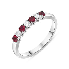 Platinum Ruby Diamond Seven Stone Claw Set Half Eternity Ring, FEU-2587.