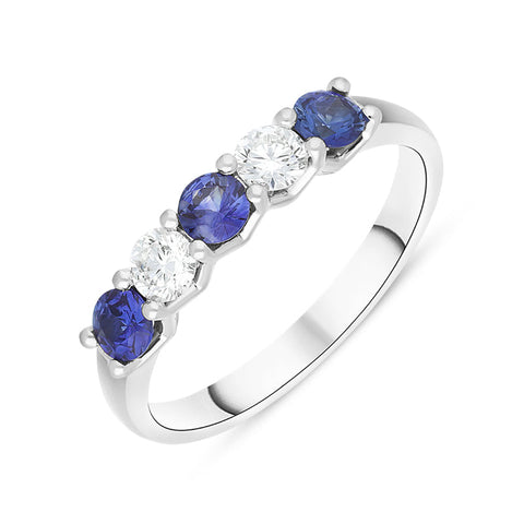 Platinum Sapphire Diamond Five Stone Claw Set Half Eternity Ring, FEU-2594.