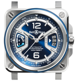 Bell & Ross watch with blue face and silver case on a white background