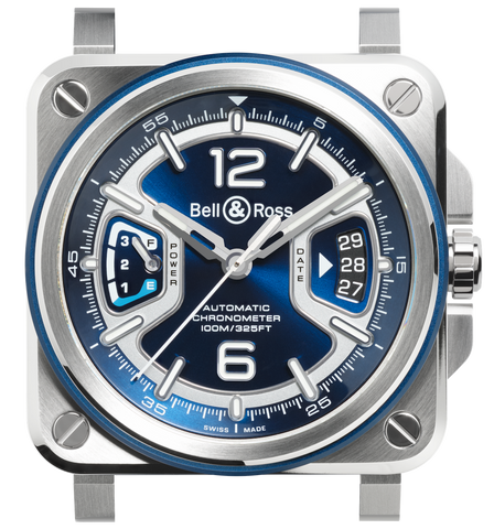 Bell & Ross watch with blue face and silver case on a white background