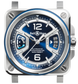 Bell & Ross watch with blue face and silver case on a white background