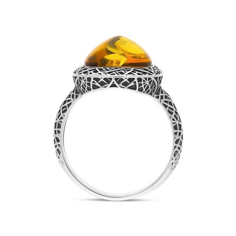 Sterling Silver Cognac Amber Basket Weave Edge Pear Ring, R1207_C