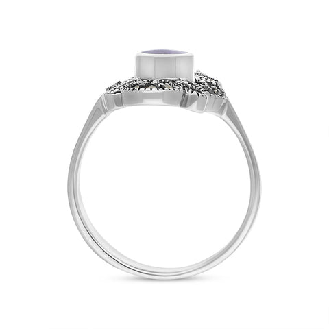 Sterling Silver Blue John Marcasite Round Centre Long Oval Dress Ring