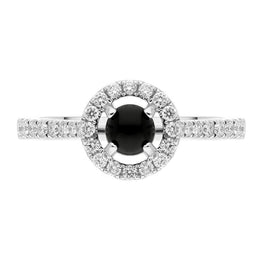 18ct White Gold Whitby Jet 0.33ct Diamond Round Halo Ring, R898.