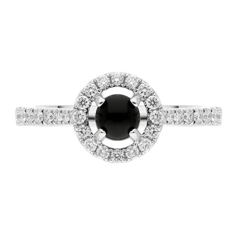 18ct White Gold Whitby Jet 0.33ct Diamond Round Halo Ring, R898.