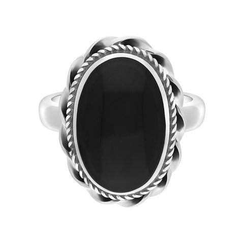 Sterling Silver Whitby Jet Oval Rope Edge Ring