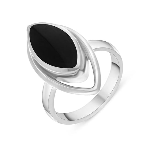 Sterling Silver Whitby Jet Marquise Open Edge Unique Ring