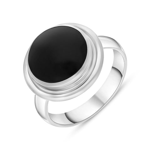 Sterling Silver Whitby Jet Round Solid Edge Unique Ring