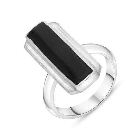 Sterling Silver Whitby Jet Oblong Solid Edge Ring