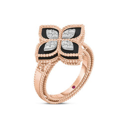 Roberto Coin Princess Flower 18ct Rose Gold Diamond Black Jade Ring ADV888RI1837 RW