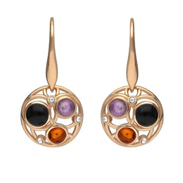 Rose Gold Vermeil Whitby Jet Amethyst Amber Bubble Drop Earrings, E2529.