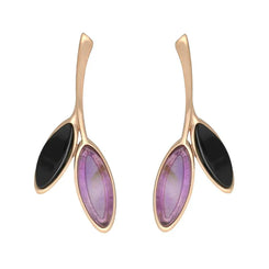 Rose Gold Vermeil Whitby Jet Amethyst Two Leaf Drop Stud Earrings E2433