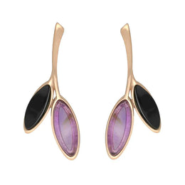 Rose Gold Vermeil Whitby Jet Amethyst Two Leaf Drop Stud Earrings E2433