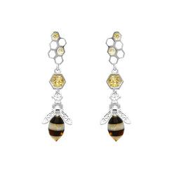 Sterling Silver Yellow Gold Vermeil Amber Bee and Honeycomb Earrings, E2464.
