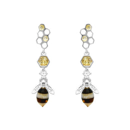Sterling Silver Yellow Gold Vermeil Amber Bee and Honeycomb Earrings, E2464.