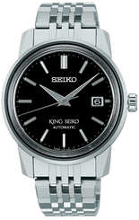 Seiko watch with black dial and silver metal bracelet on a white background