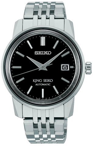 Seiko watch with black dial and silver metal bracelet on a white background