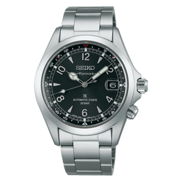 Seiko watch with black dial and silver metal strap on a white background