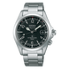 Seiko watch with black dial and silver metal strap on a white background