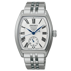 Seiko Presage watch with silver metal bracelet on a white background