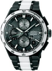 Seiko Astron watch with black and white strap on a white background