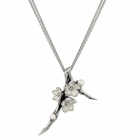 Shaun Leane Cherry Blossom Sterling Silver 0.19ct Diamond Pearl Flower Necklace, CB009.SSWHNOS.