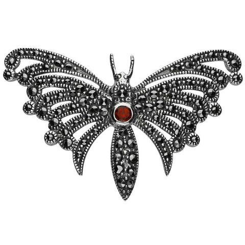 Sterling Silver Marcasite Garnet House Style Butterfly Brooch M334