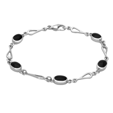 Sterling Silver Whitby Jet Oval Spoon Bracelet. B231.