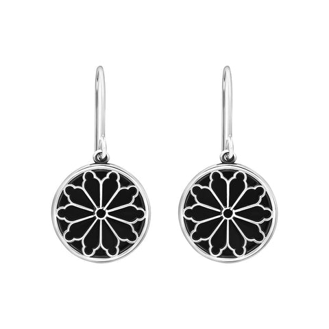 Sterling Silver Whitby Jet Abbey Round Window Drop Earrings, E2107.