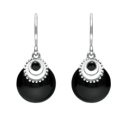 Sterling Silver Whitby Jet Button Cap Drop Earrings E1981
