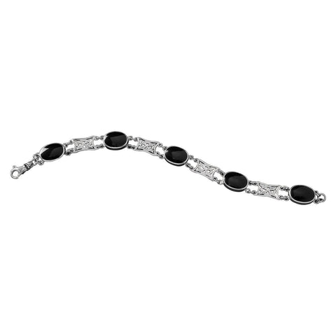 Sterling Silver Whitby Jet Five Stone Pierced Oval Bracelet B024