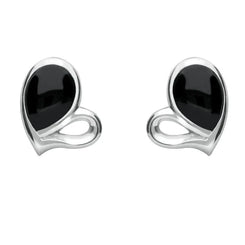 Sterling Silver Whitby Jet Half Filled Heart Stud Earrings. E1902. 