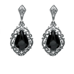 Sterling Silver Whitby Jet Heritage Heavy Carved Pear Earrings. E2176.