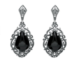 Sterling Silver Whitby Jet Heritage Heavy Carved Pear Earrings. E2176.