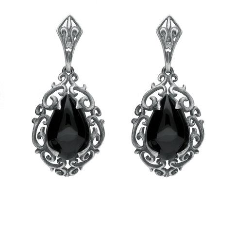 Sterling Silver Whitby Jet Heritage Heavy Carved Pear Earrings. E2176.