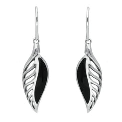 Sterling Silver Whitby Jet Eclipse Leaf Hook Drop Earrings. E2020.