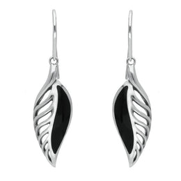 Sterling Silver Whitby Jet Eclipse Leaf Hook Drop Earrings. E2020.